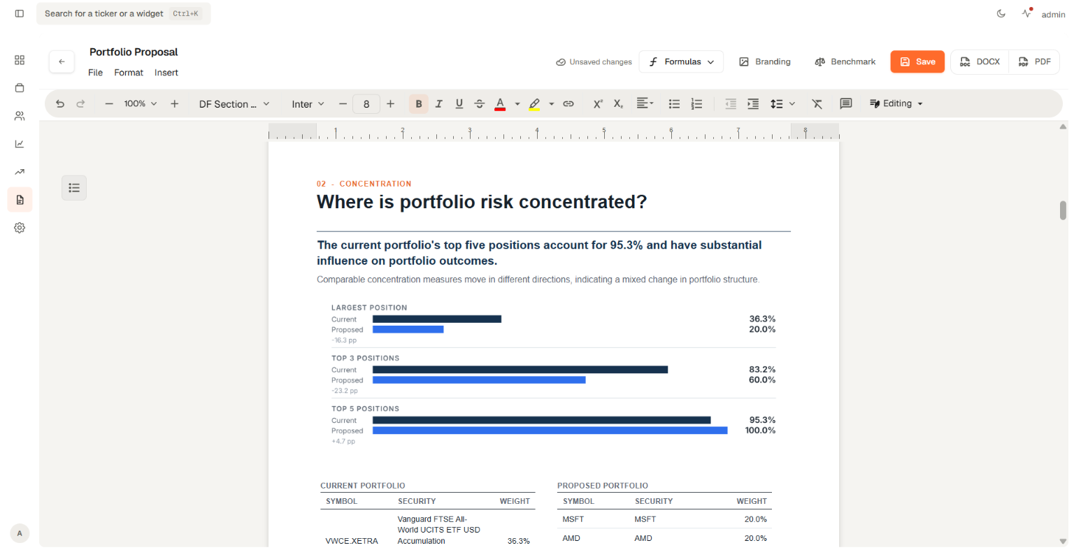 Genesis Risk Monitor proposal editor with portfolio analysis, editable content, and Word and PDF export controls